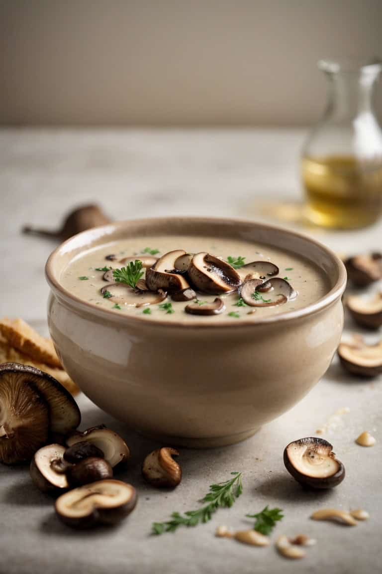Bowl of creamy mushroom soup with garnished mushrooms and a sprinkle of herbs