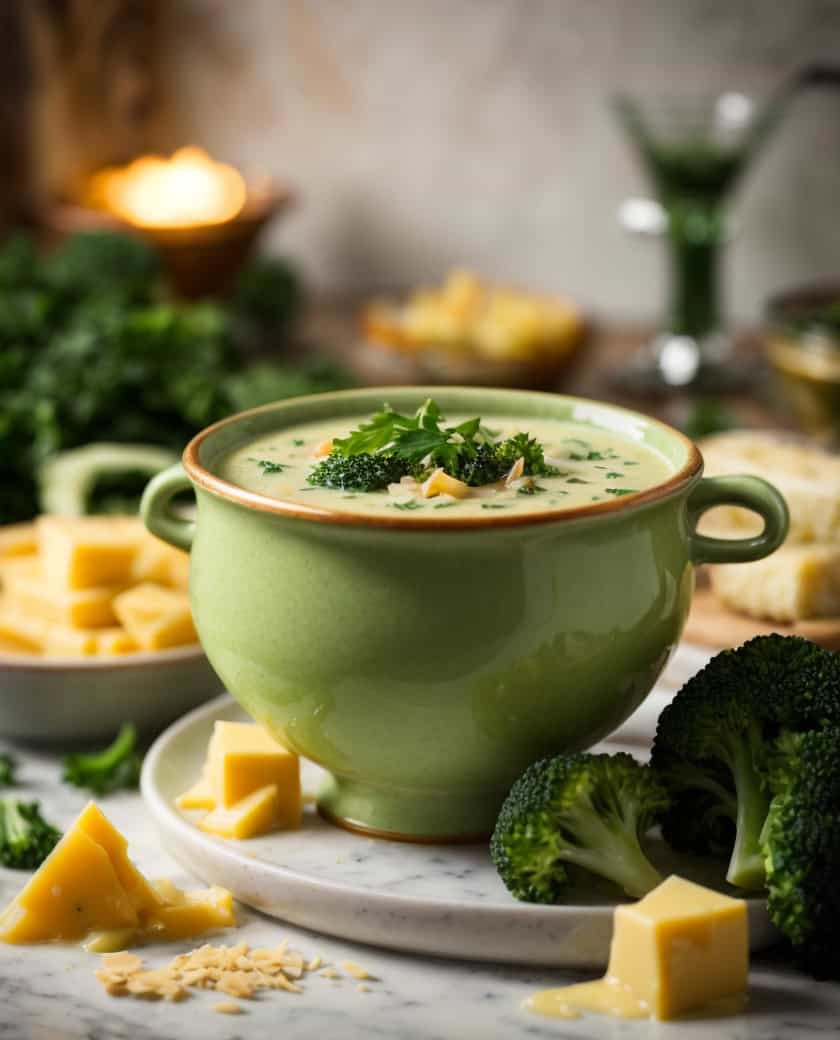 Bowl of creamy Broccoli Cheddar Soup garnished with shredded cheese and fresh broccoli.