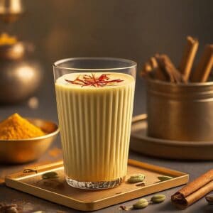 A warm glass of Masala Doodh, an Indian spiced milk drink garnished with saffron strands and chopped almonds.